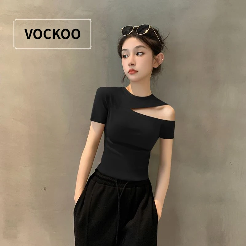 VOCKOO2025新款夏季黑色圆领短袖T恤女棉质正肩半袖设计感镂空小