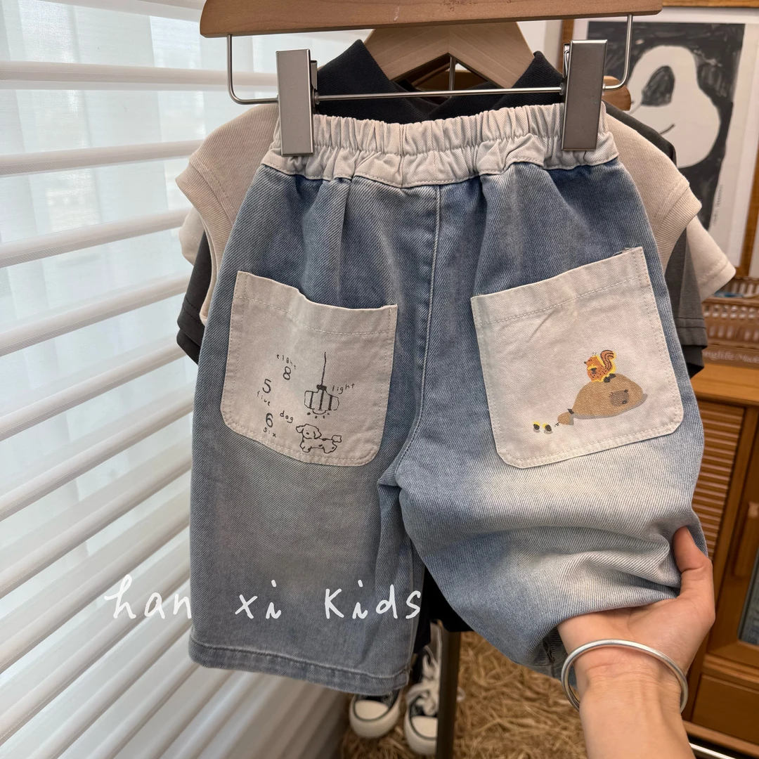潮酷有型~韩版儿童卡通拼色牛仔休闲裤男女宝宝百搭七分裤子夏