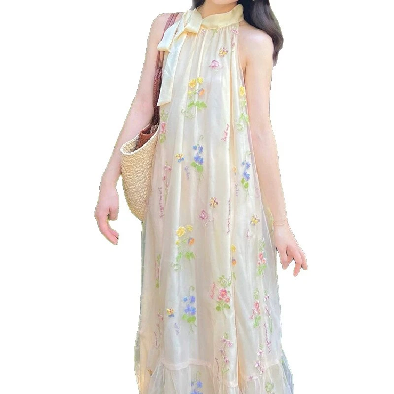 法式浪漫温柔无袖改挂脖网纱连衣裙夏季新款小个子收腰显瘦长裙子