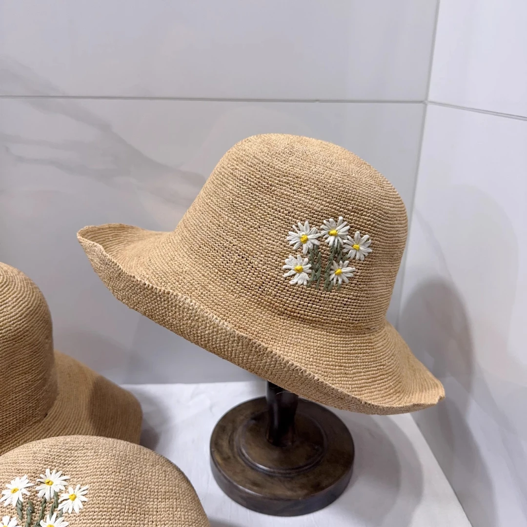 拉菲草超细钩针小雏菊夏季手工钩超细刺绣大檐草帽可折叠遮阳防晒