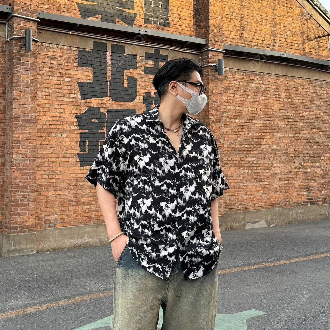 【48小时发】凉感亲肤痞帅印花短袖蝴蝶夏季衬衫速干韩风休闲衬衣