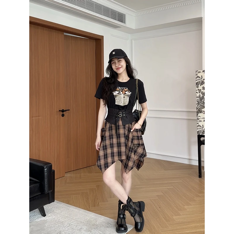 张阿星【夏日狂欢】假两件腰封收腰正肩拼接格子连衣裙W425Q06765