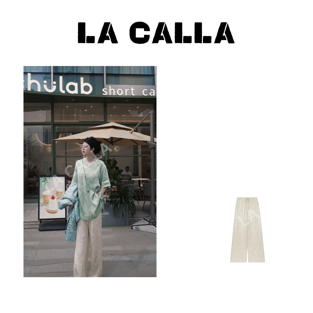 LA CALLA白龙裤新中式白色时尚设计师休闲提花设计长裤L0955
