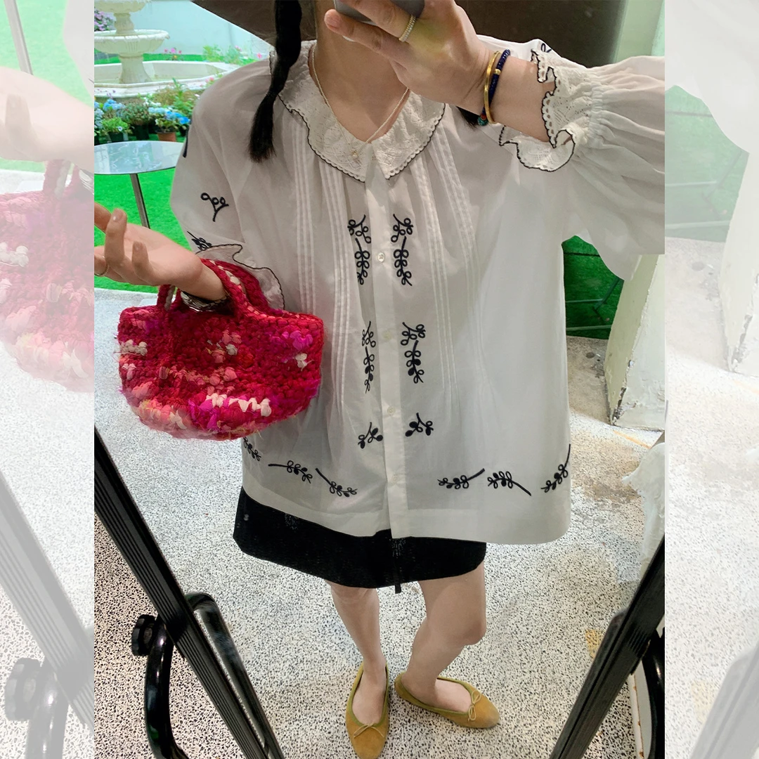 莉贝琳sisy 娃娃领小衫撞色重工刺绣法式百搭蕾丝上衣S25104LS03