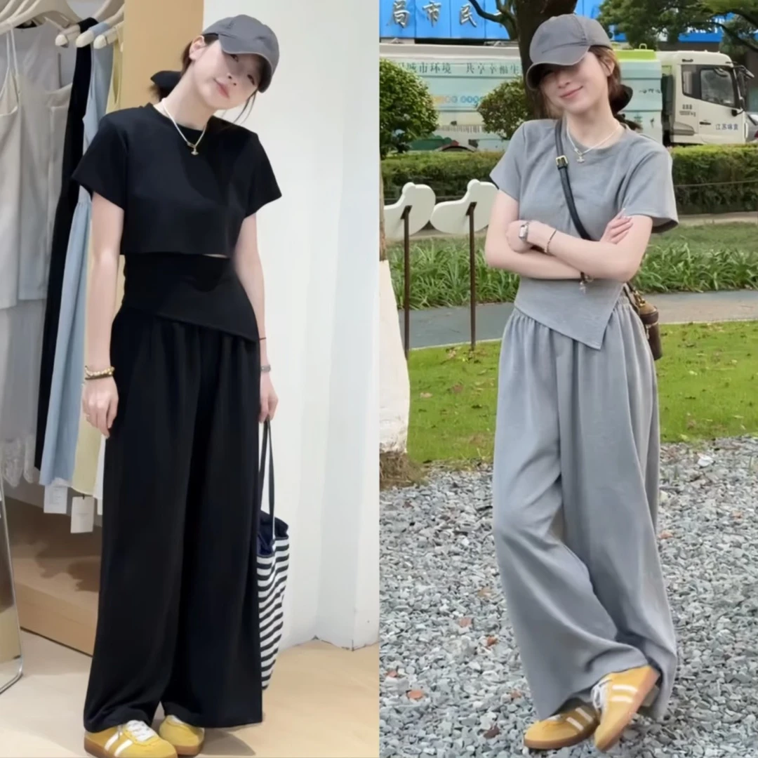 2025夏季减龄穿搭一整套女韩系时尚休闲绑带短袖上衣阔腿裤两件套