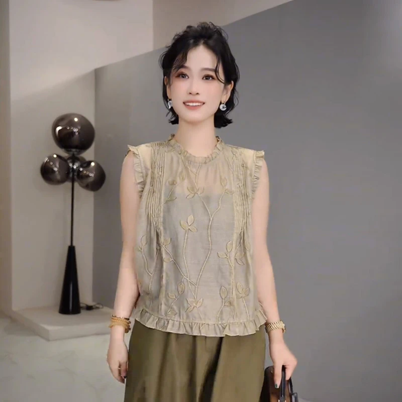 时尚木耳边无袖设计感立体装饰t恤女士夏季韩版复古国风薄款上衣