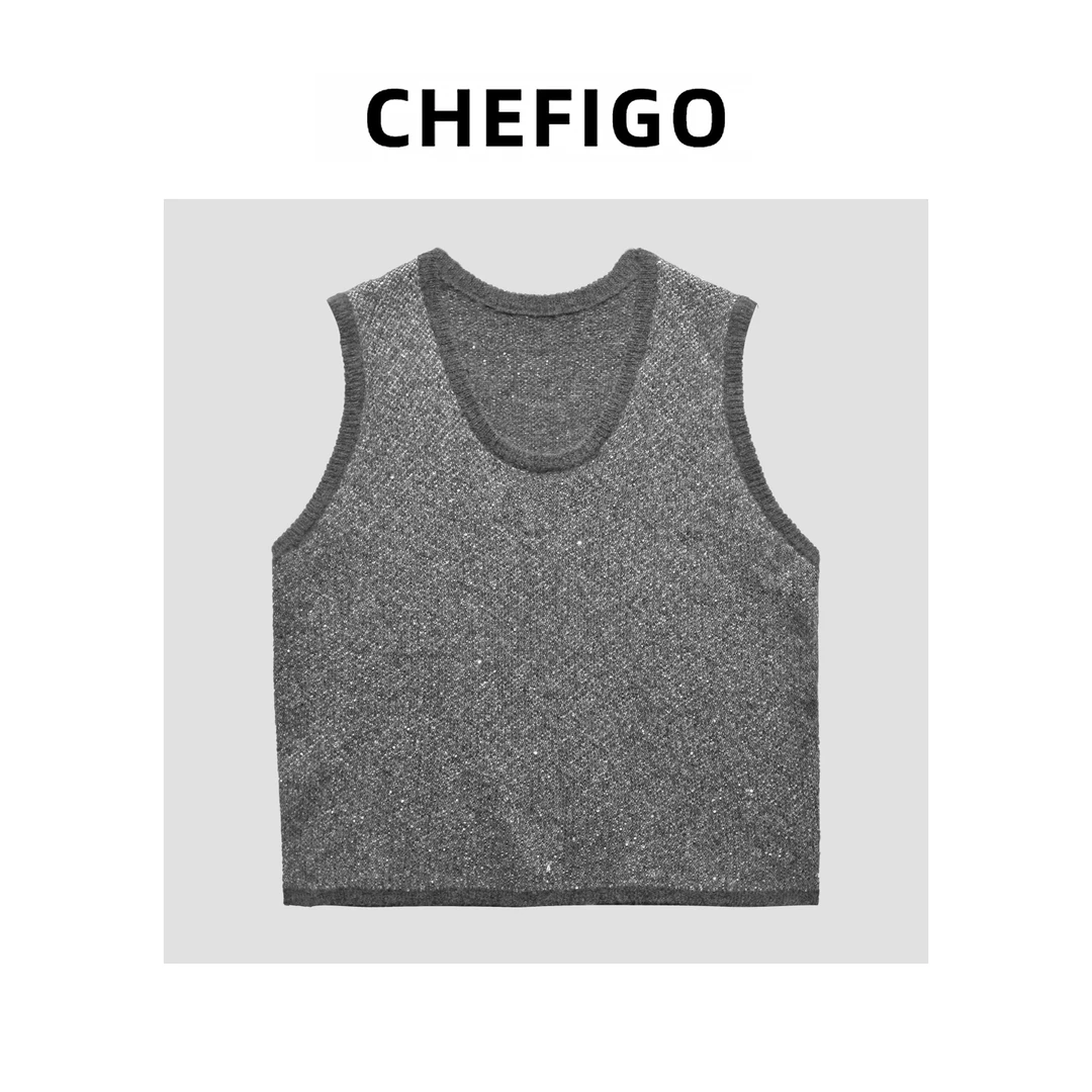 CHEFIGO马海毛U领珠片马甲