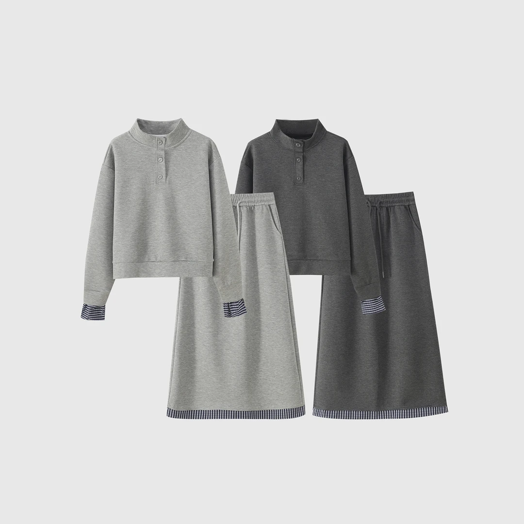 2025秋装新款时尚拼接翻领卫衣高腰显瘦百搭半身裙套装休闲25-1 Z