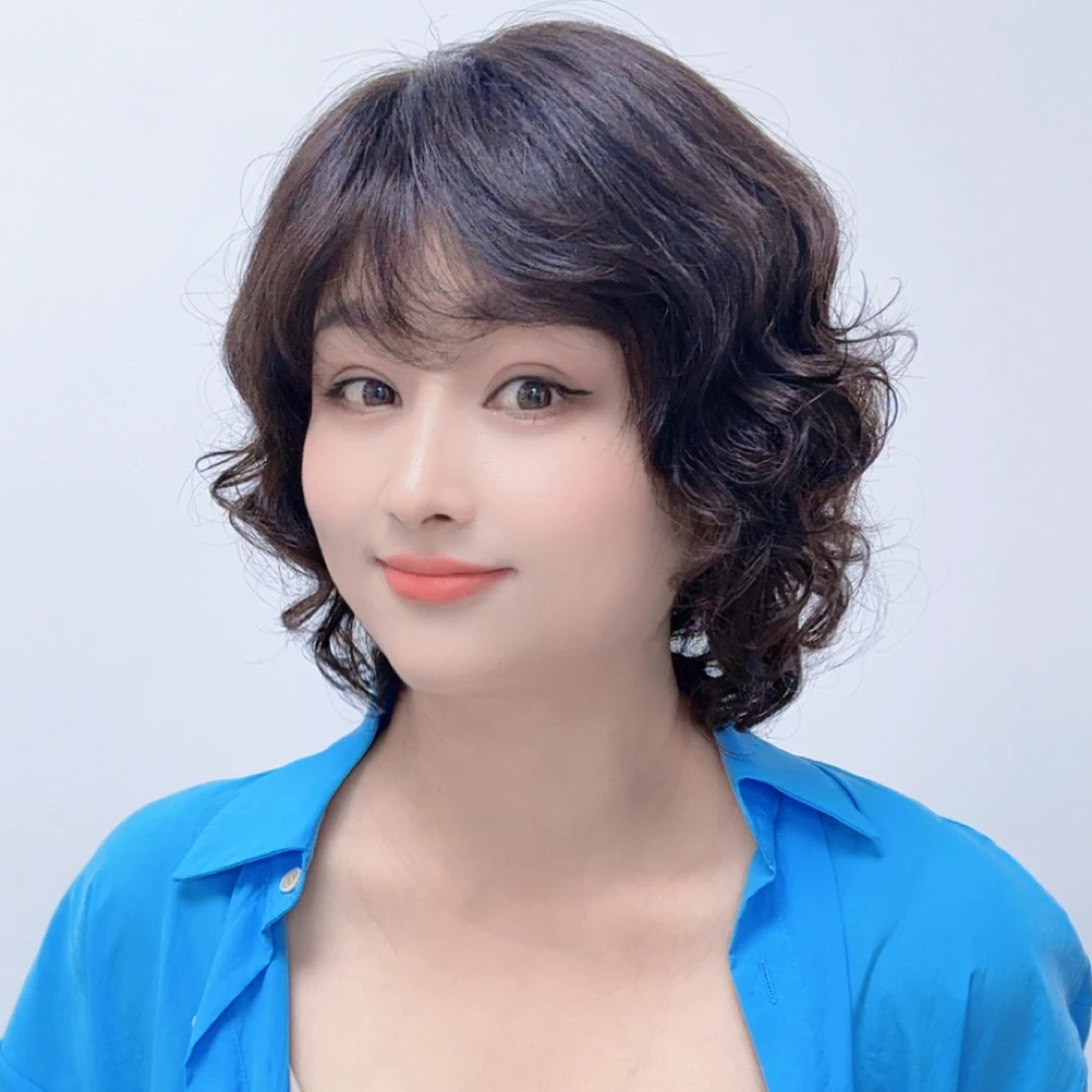 【100%手织】全真发微卷女士全头套假发(约25厘米）