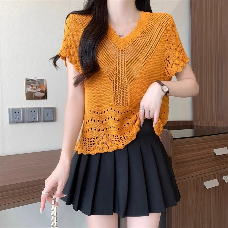 法式v领短袖针织衫女2025新款夏季钩花镂空罩衫薄款宽松减龄上衣