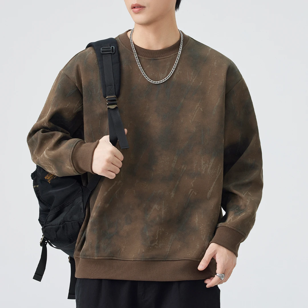 国潮复古水墨满印卫衣男2025秋季新款柔软亲肤舒适保暖长袖打底衫