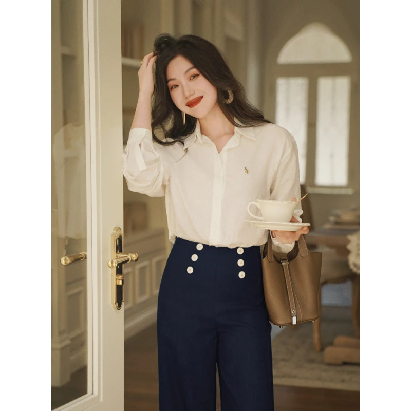 老钱风亚麻白衬衫高级感松弛别致刺绣设计感小众通勤时尚气质上衣