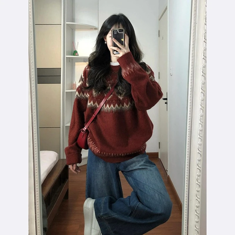 新年红色费尔岛氛围感提花毛衣女秋冬季高级感慵懒风针织衫上衣潮