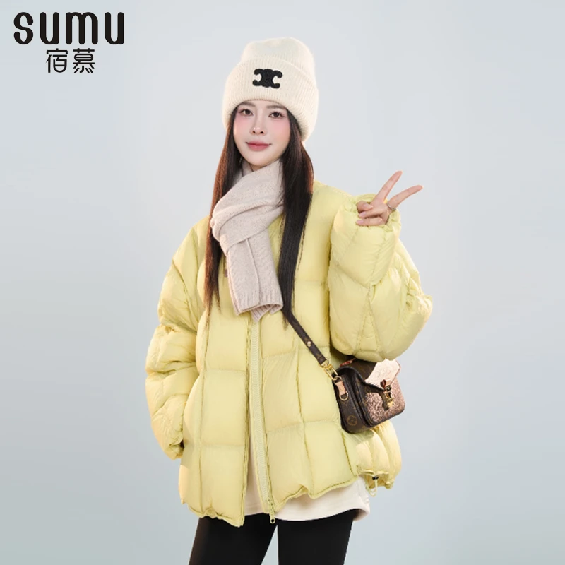宿慕SUMU女款纯色圆领羽绒服2025冬季小雨女装洋气外套A1607U