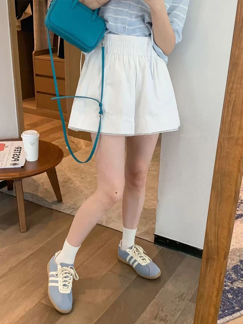 白色松紧腰花边短裤女2025年夏季新款高腰显瘦百搭阔腿裤女