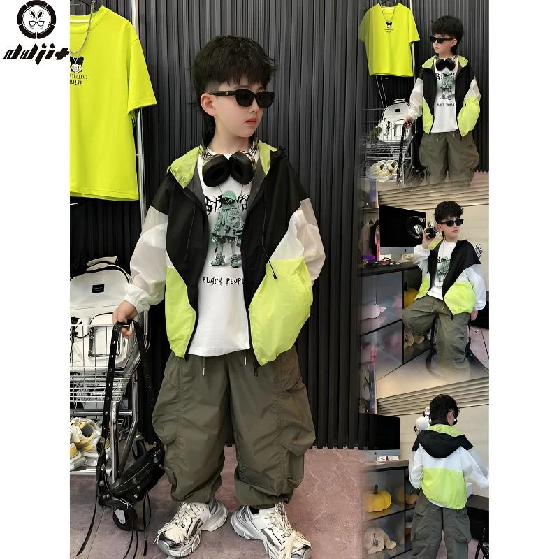 夏男童季新款洋气儿童休闲拼接连帽防晒外套宽松中大童撞色童装