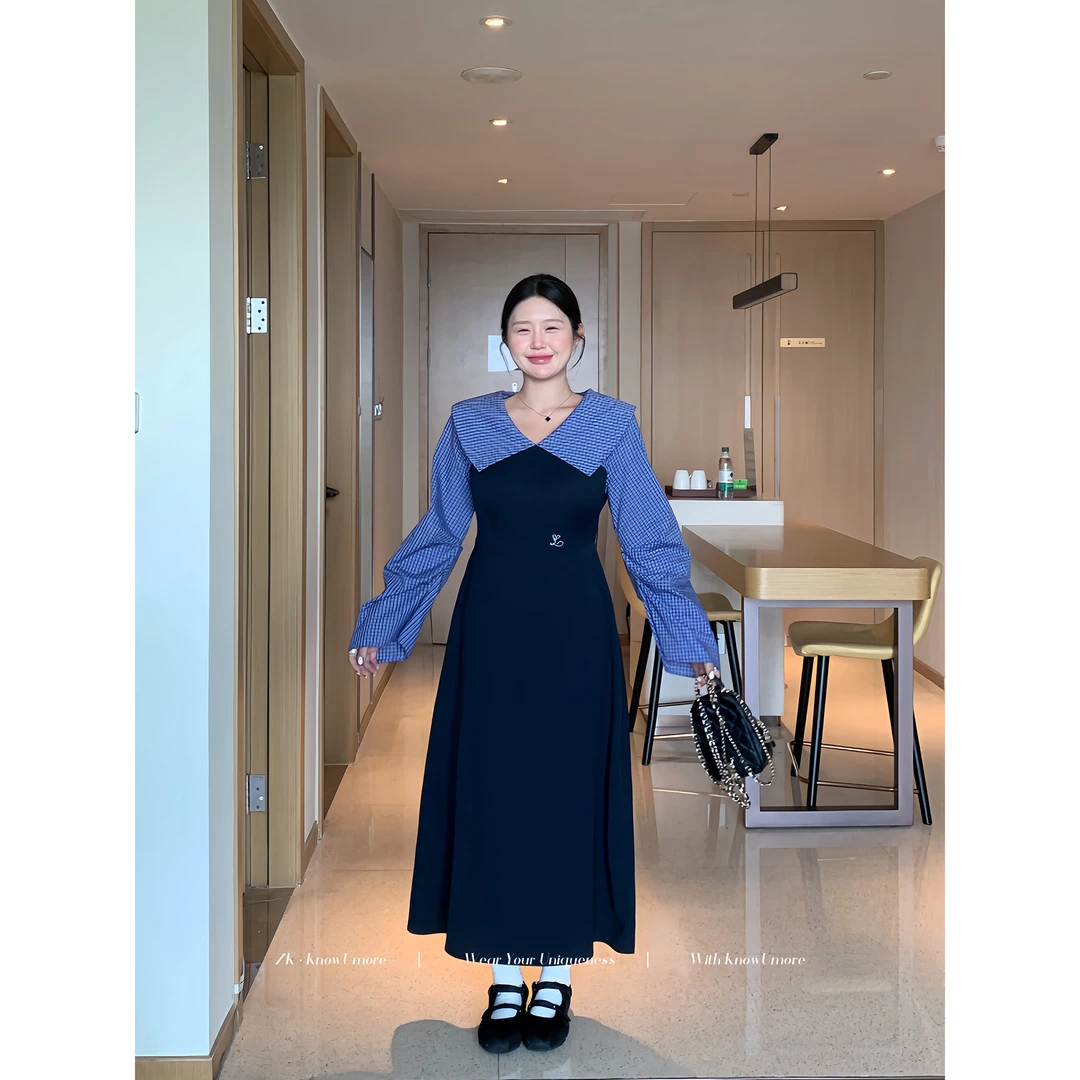 知葵微胖【蔚蓝篇章】初秋韩系翻领学院风秋冬休闲连衣裙12253L0267