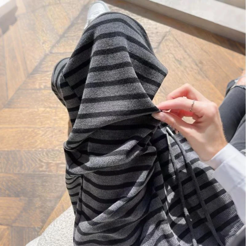 2025秋季撞色条纹阔腿裤女慵懒感休闲裤高腰拖地长裤