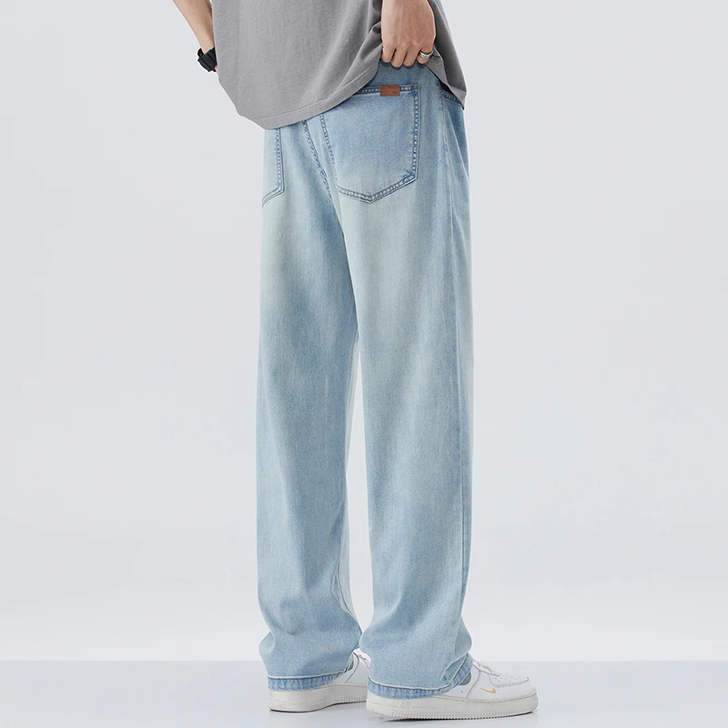 2025夏季薄款高街牛仔裤男士休闲百搭阔腿裤水洗复古宽松长裤子潮