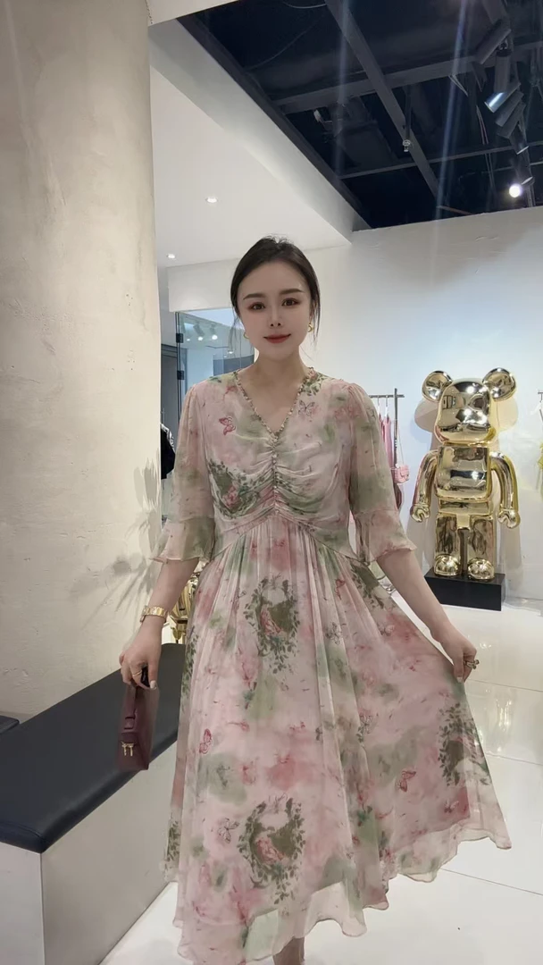 法式花色高腰套头春秋碎花连衣裙设计师夏季