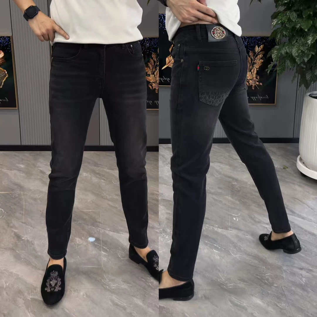 牛仔裤男2025秋冬新款黑色提花男裤高品质时尚小脚裤弹力修身长裤