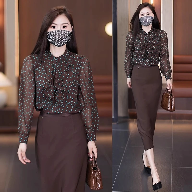 时尚套装裙女2025早春季新款高级感波点衬衫包臀裙职业气质两件套