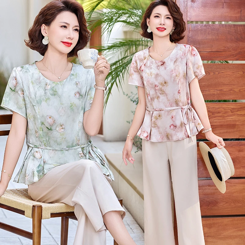 中老年洋气雪纺小衫女士中年妈妈夏季套装上衣夏装短袖衬衫两件套