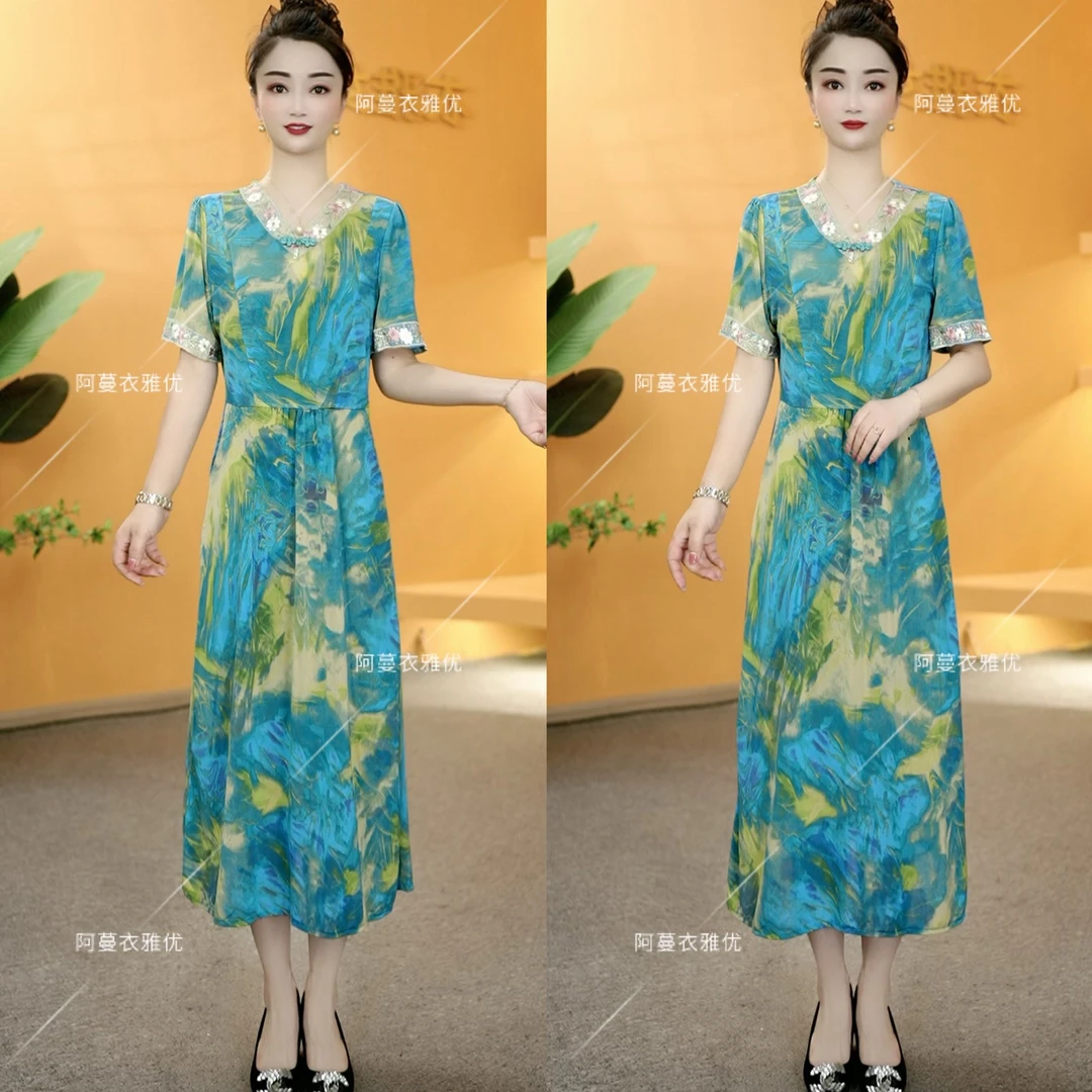 【衣雅严选】510-2190#新款弹力缎拼接刺绣款气质显白连衣裙