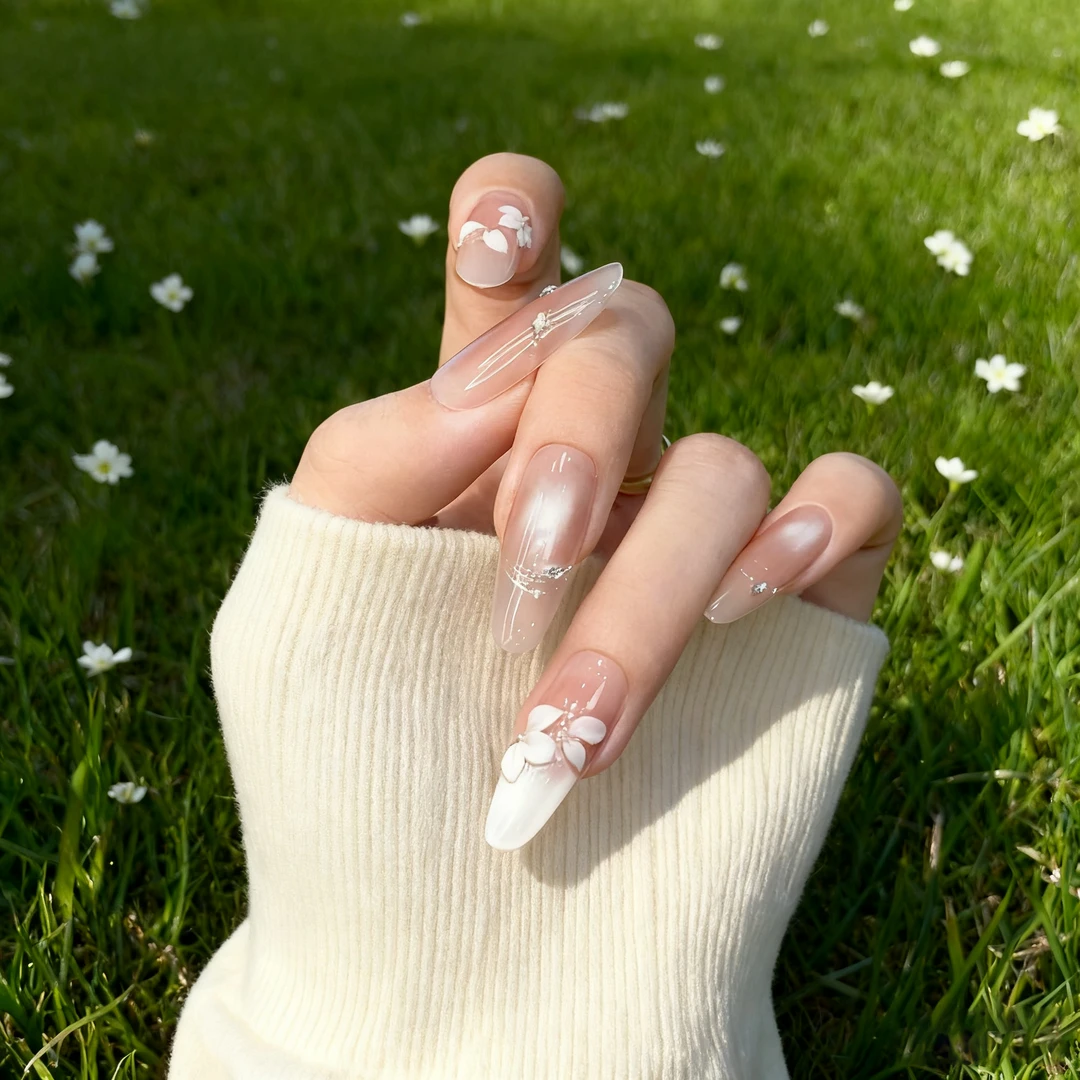 【十里桃花】立体雕花非遗玻璃珠穿戴甲秋冬款纯手工穿戴甲2025