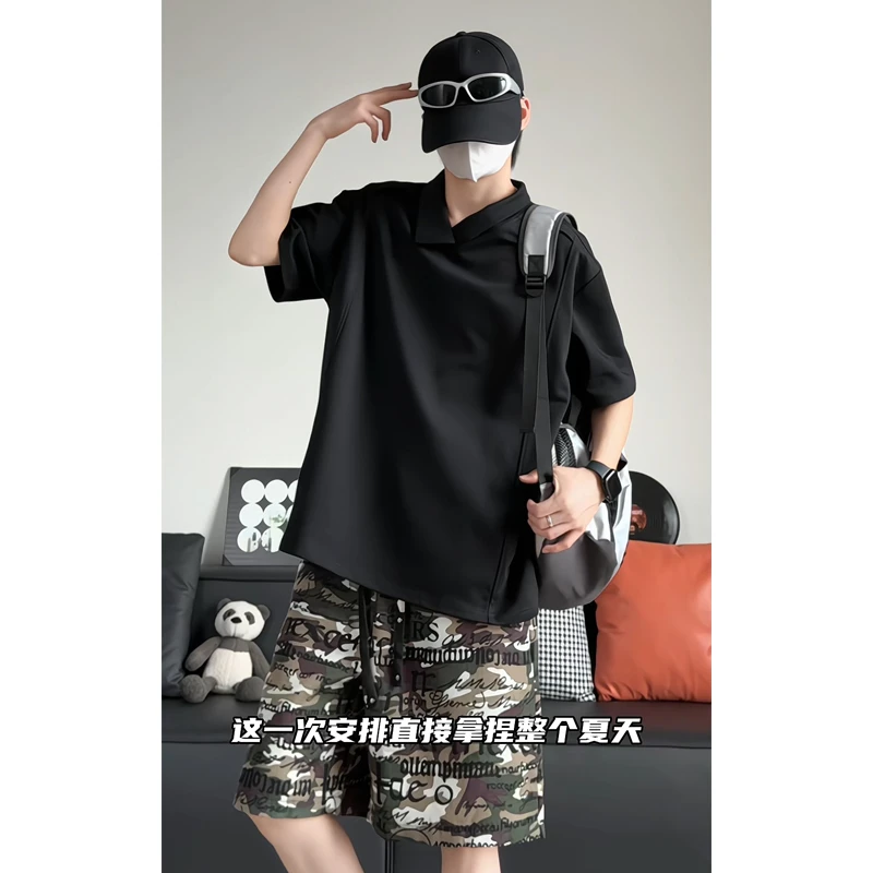 不规则polo领短袖男款夏季设计感小众美式正肩t恤cleanfit半截袖