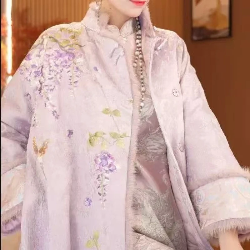 【紫藤兰心】1老钱风重工刺绣加棉连衣裙 大衣2024c9958-桃桃