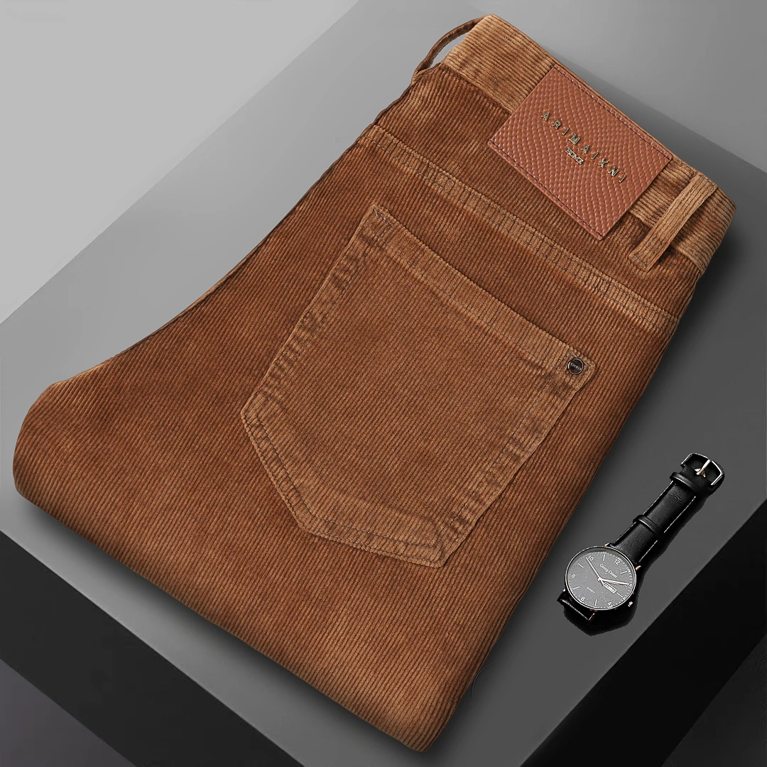 姜黄色灯芯绒裤子男2025秋冬新款免烫抗皱复古轻奢不倒绒修身长裤