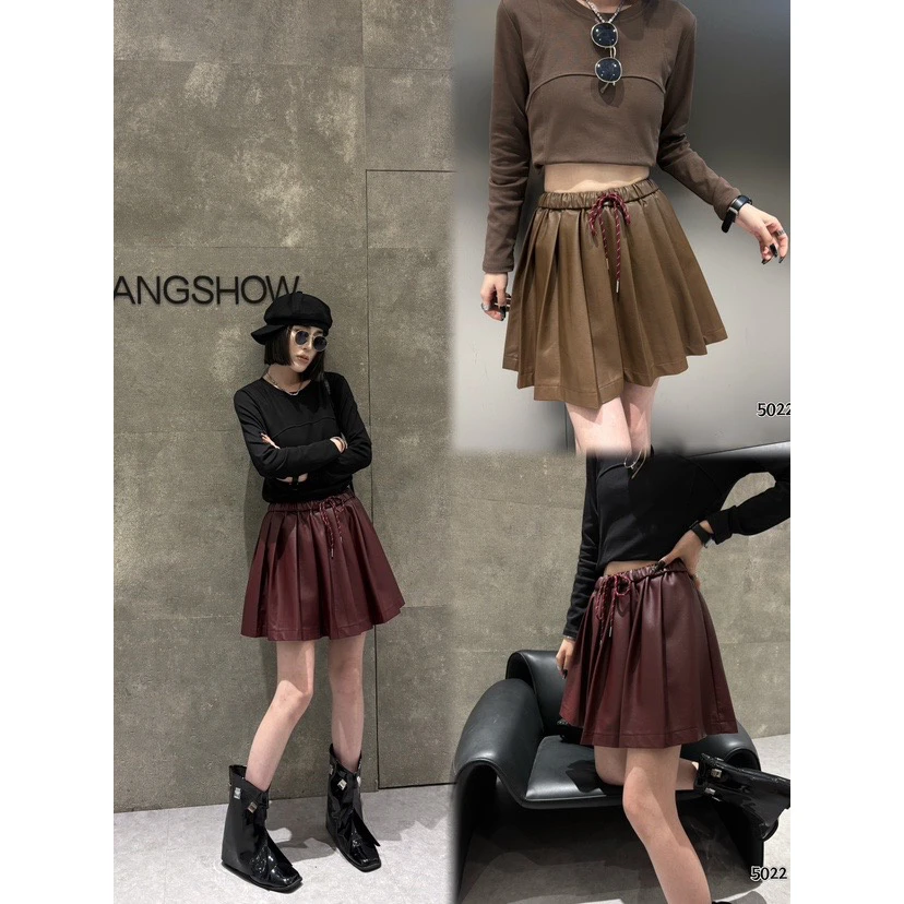 妮妮家5022春季新品美式复古时尚百褶PU皮裙
