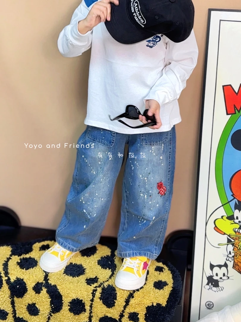 有有家·男女童高品质春款日系超百搭泼墨绣花洋气时尚牛仔裤375