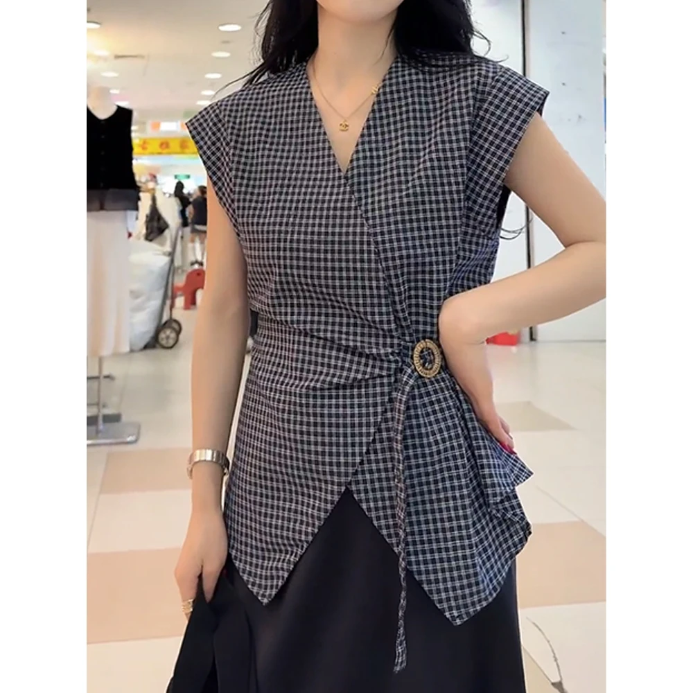 香朵儿韩版V领格纹飞飞袖衬衫女2025年夏季新款洋气衣服收腰上衣
