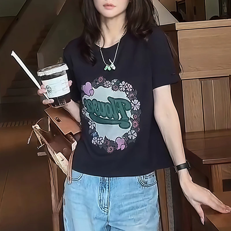 时尚洋气字母印花短袖t恤女夏季新款小众设计感宽松休闲减龄上衣