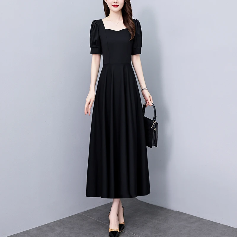 有口袋赫本风黑色连衣裙夏装爆款2025新款长款修身洋气质小黑裙子