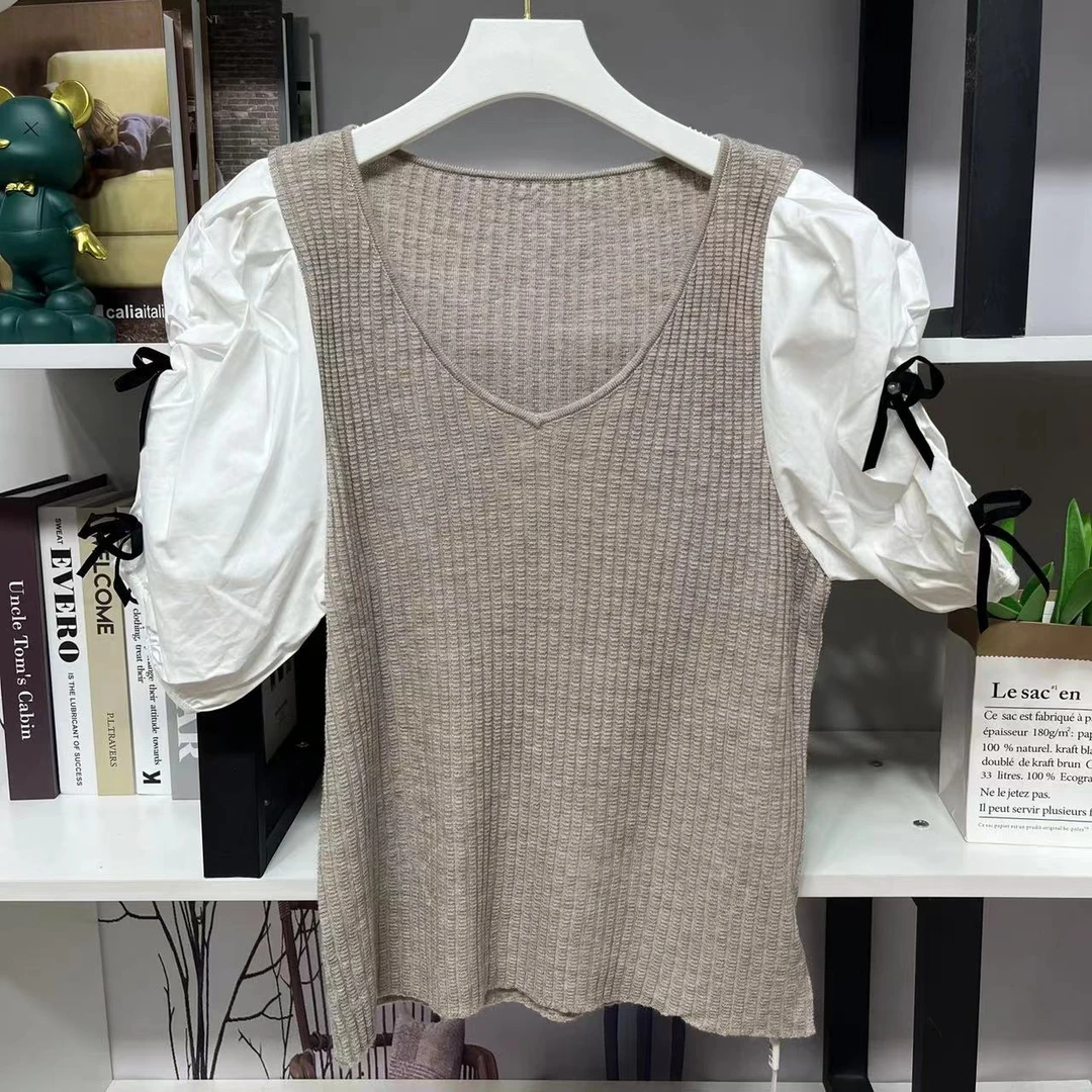 时尚V领褐色竖条纹拼接袖蝴蝶短袖上衣D345