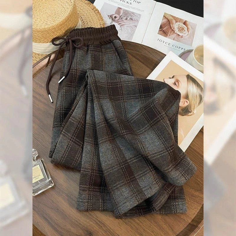 【万达撤柜】秋冬季大码设计感复古显瘦拼色格纹裤高腰抽绳直筒加绒