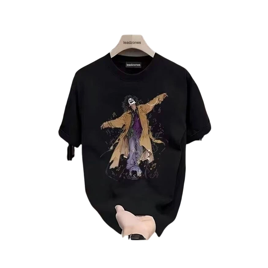 新款短袖宽松黑色印花恤男潮牌嘻哈圆领打底衫上衣时尚圆领男士