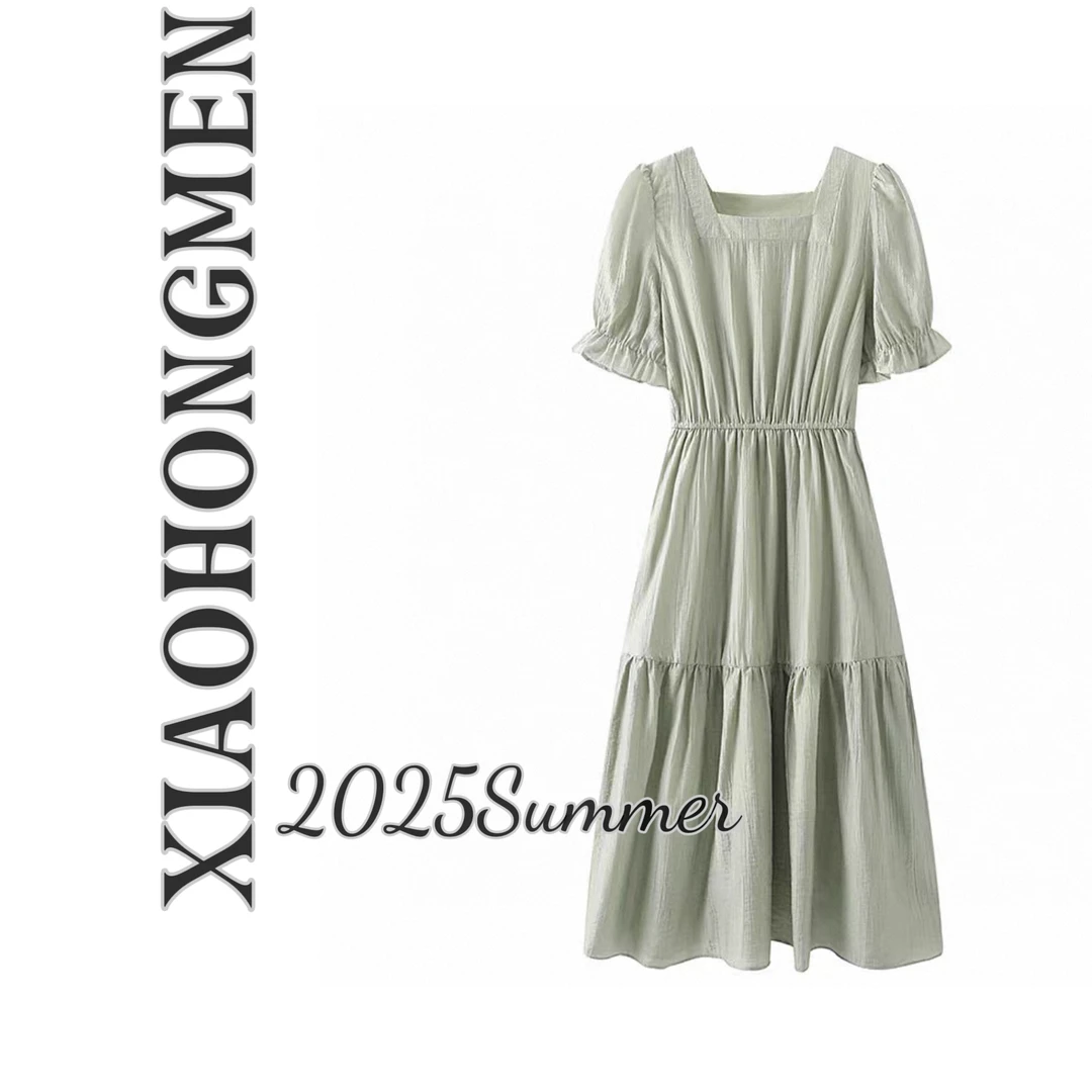 A181 2025夏新款木耳边泡泡袖高级气质连衣裙