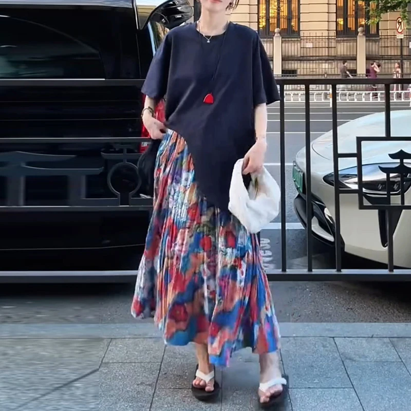 2025夏季新款小众设计感下摆不规则t恤晕染花朵高腰半身裙套装女