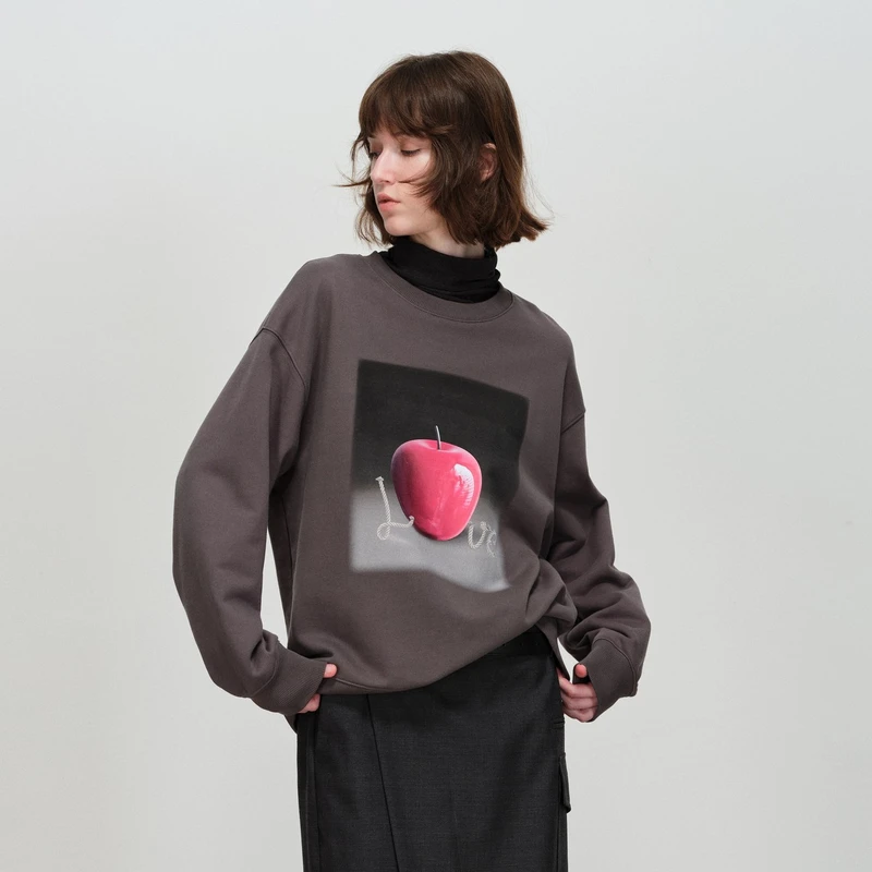 专柜新款U/TI尤缇2025春季灰色休闲上衣苹果印花街头感卫衣T恤女