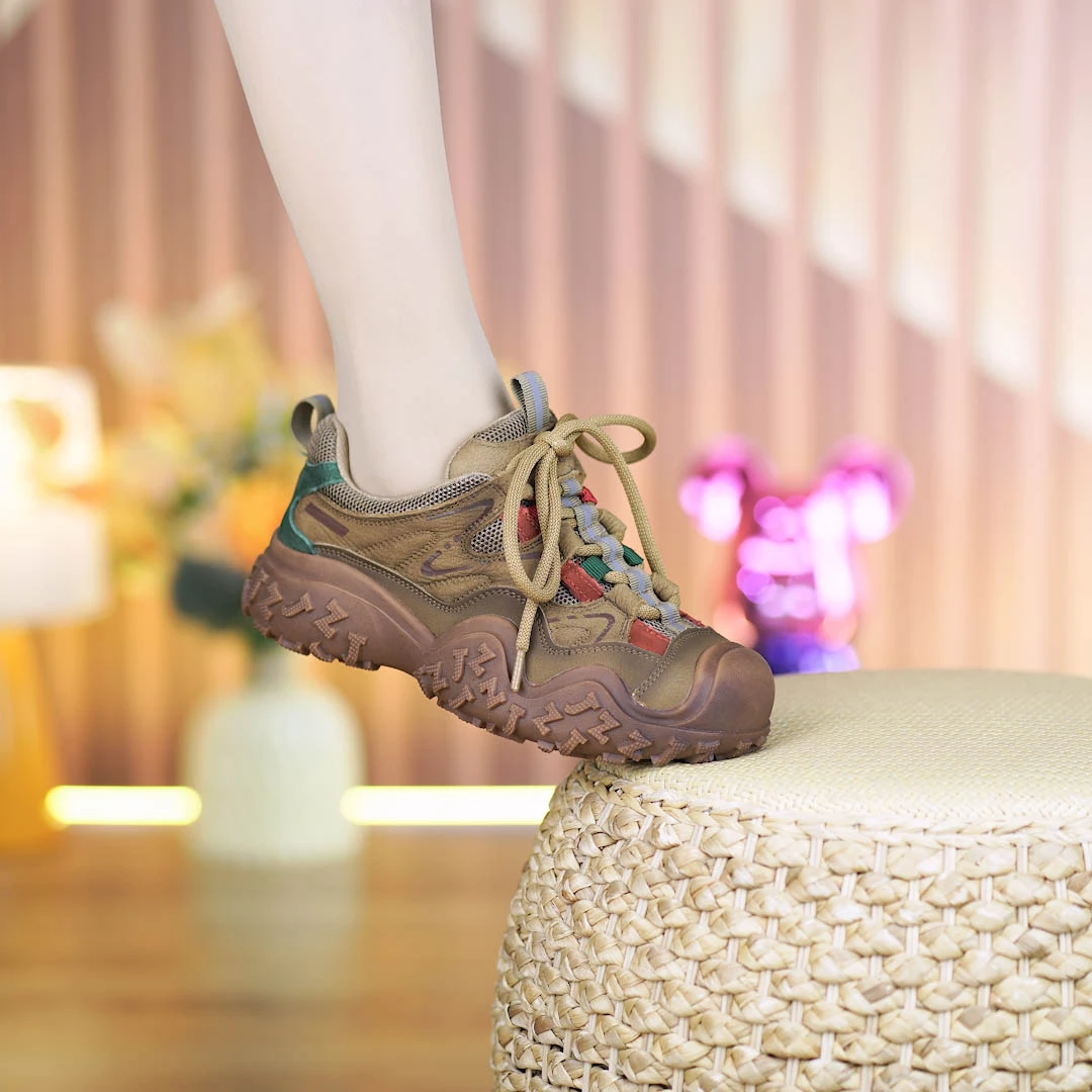 女春季新款女头层牛皮户外拼色运动休闲榴莲底老爹鞋