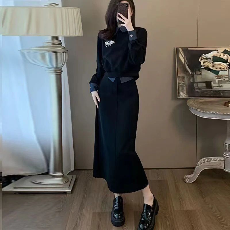 高级黑色休闲套装拼接洋气卫衣显瘦半身裙时尚套装新款10022