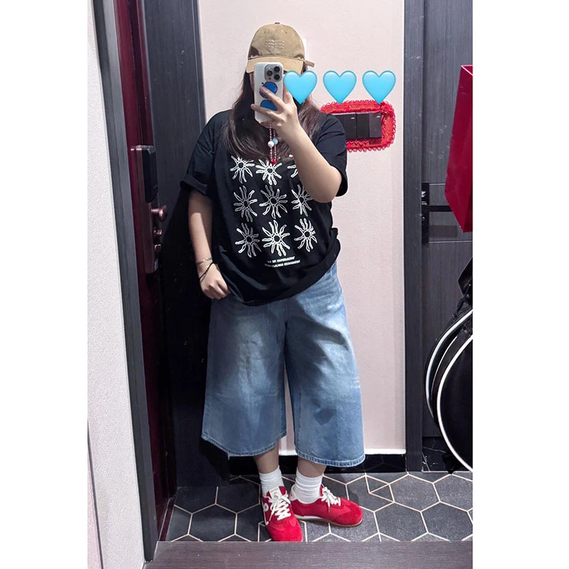 300斤大码女装牛仔短裤女夏季新款中裤胖mm显瘦阔腿直筒七分裤子2