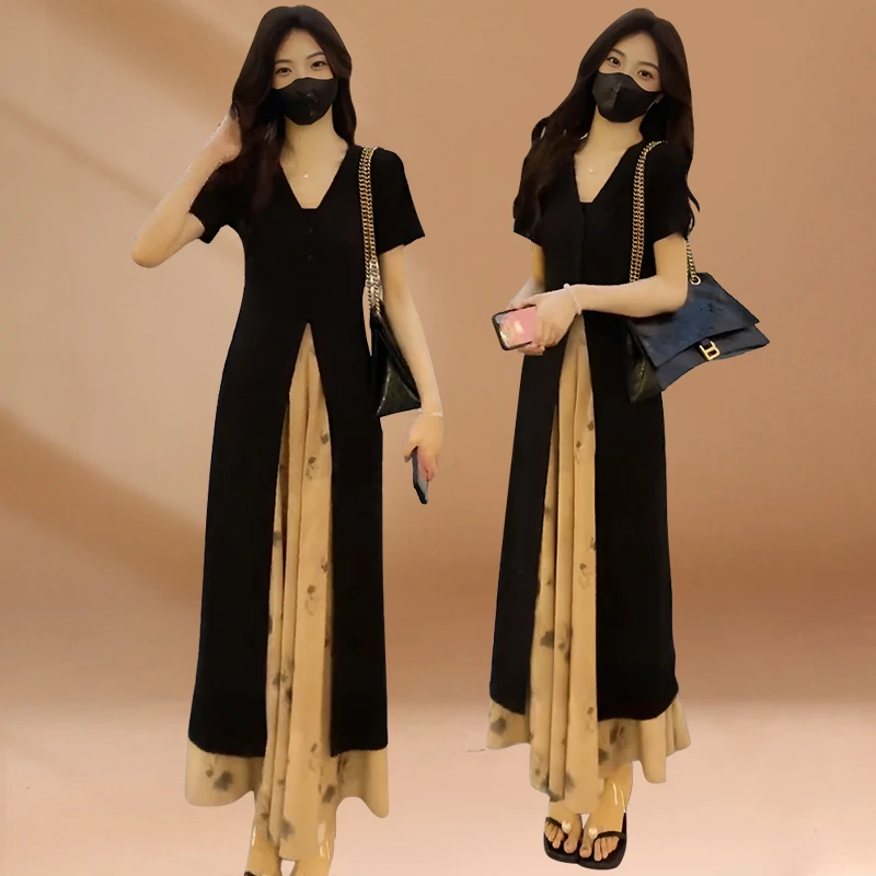 2025夏季新款水墨国风碎花裙裤显瘦开叉开衫长款上衣时尚感两件套