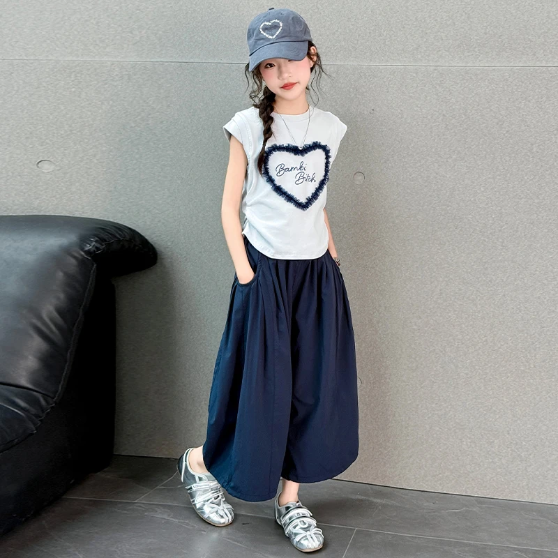 女童夏季洋气时尚无袖爱心短袖阔腿裤套装休闲宽松复古百搭高腰