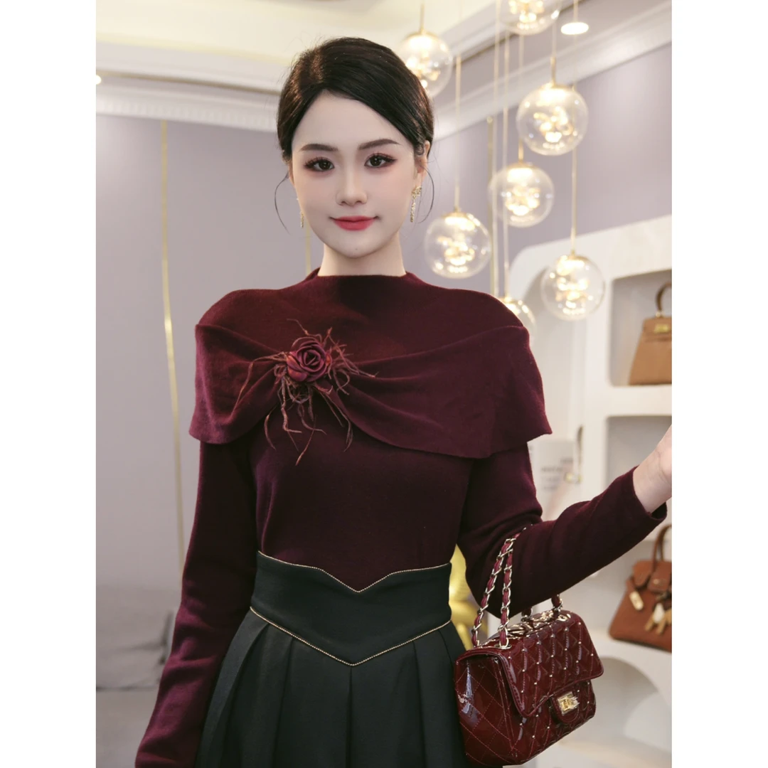 2025秋冬新款【JR-14】含绵羊毛爆款可外穿休闲紫红色打底针织小衫