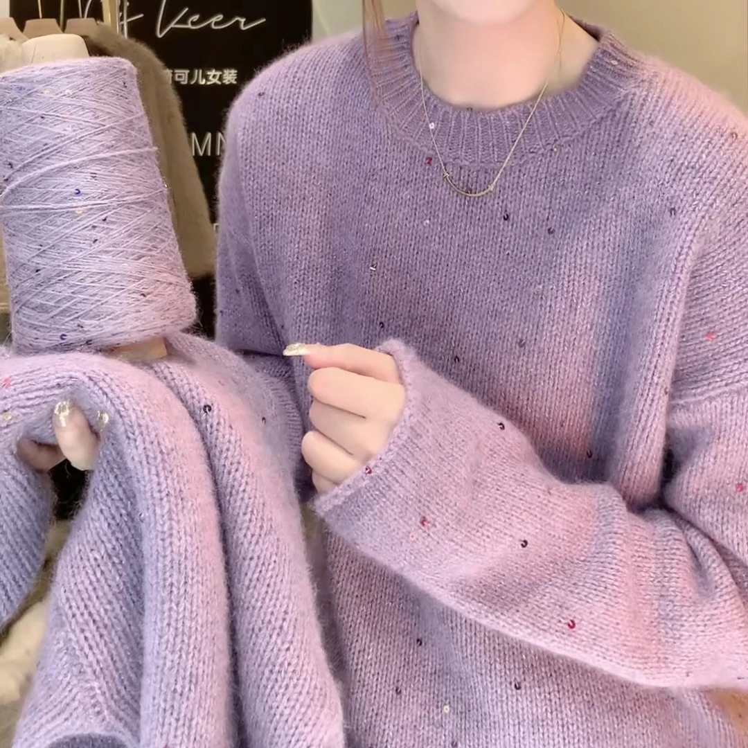 秋冬新款圆领宽松慵懒风针织衫高级感星空亮片毛衣女LK2501083